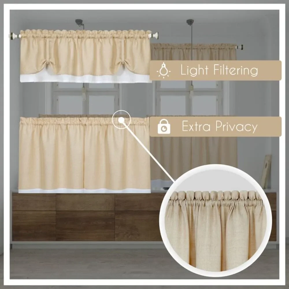 Woven Trends Two-Tone Window Curtain Tier Pair & Valance Set, Double Layer Small